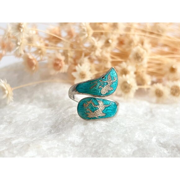 Teal Guilloche Wrap Siam Thai Nielloware 925 Sterling Silver Vintage Ring - sz 7 - Picture 15 of 15